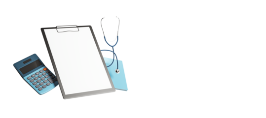 Clipboard, stethoscope, and calculator on white background, symbolizing healthcare finance and medical administration. 3D Rendering