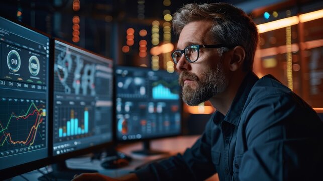 A man with a beard sits in a dimly lit office, intently reviewing various financial graphs and data visualizations on several computer monitors during the evening hours.