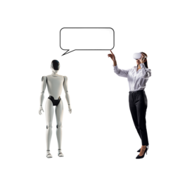 Humanoid robot and businesswoman using VR interacting, with speech bubble, on white background. Concept of futuristic communication and AI