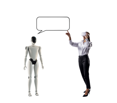Humanoid robot and businesswoman using VR interacting, with speech bubble, on white background. Concept of futuristic communication and AI