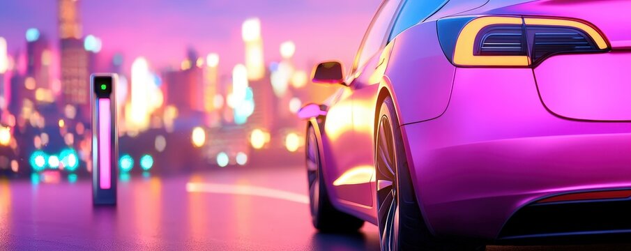 A colorful electric car parked near a charging station, with a vibrant city skyline glowing in the background at dusk.