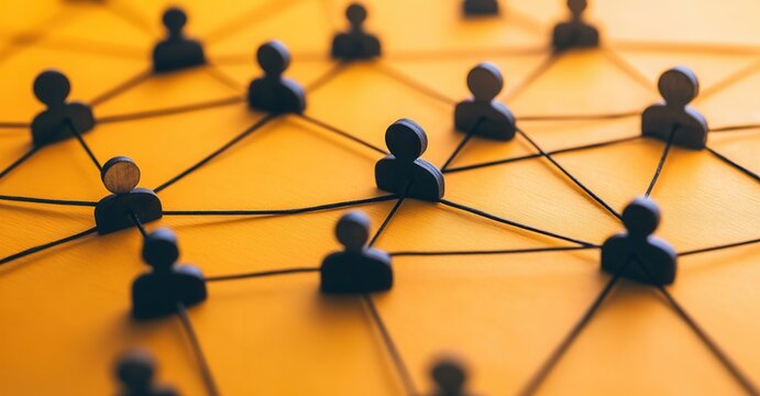 Interconnected People: A network of people connected by lines on a yellow surface, representing a social or professional network. - Powered by Adobe