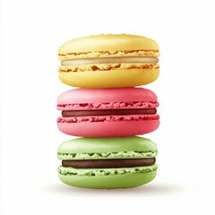 A realistic illustration of colorful macarons in green, yellow, pink, and red, stacked neatly with detailed textures, smooth finishes, and soft creamy filling on a clean white background.
