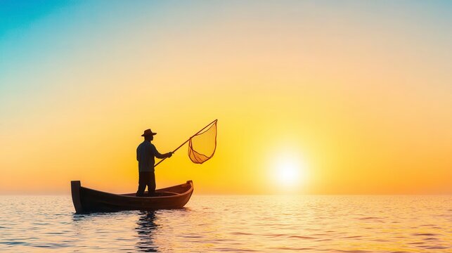 Silhouette of Fisherman in Small Boat at Sunset, Casting Net in Calm Golden Water