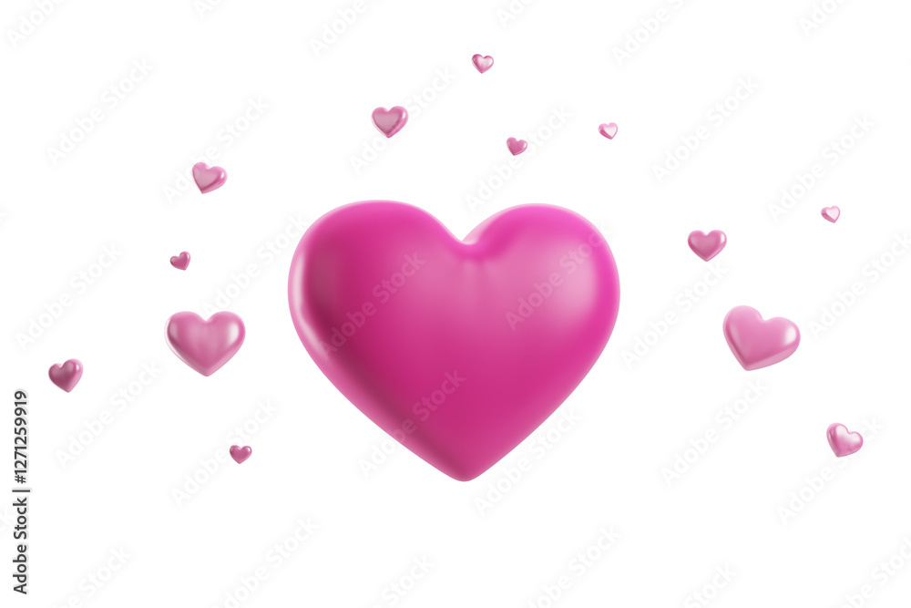 Poster Shiny pink hearts floating in space, isolated on a white background. 3D Rendering. Romantic and Valentine's Day concept