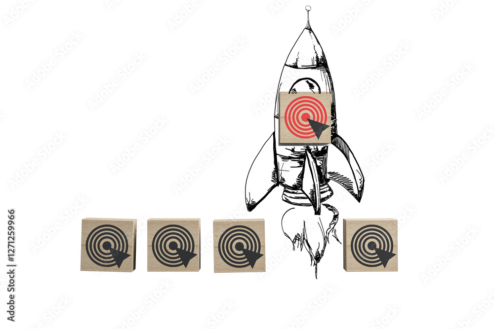 Aufkleber wooden blocks with target icons and a hand-drawn rocket launching, symbolizing business growth and s