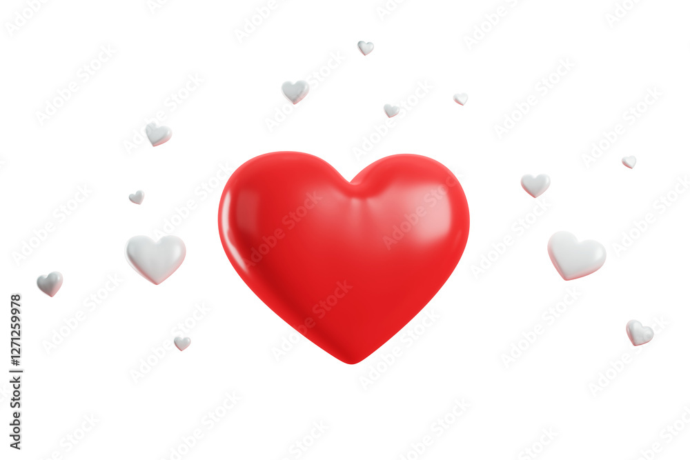 Poster 3d rendering of a red heart surrounded by floating white hearts on a clean white background. valenti