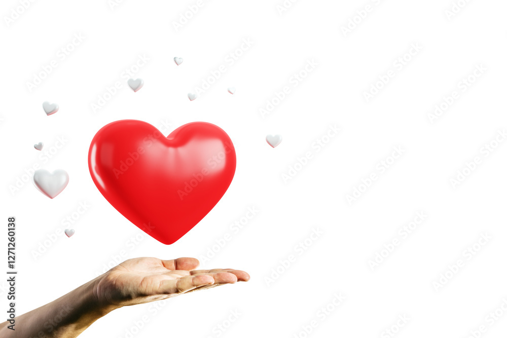 Poster large red heart floating above an open hand with small white hearts around on a white background. co