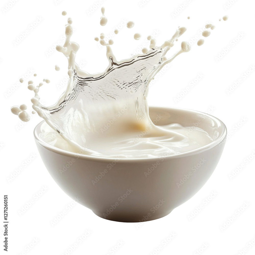 Poster fresh milk splashing in white bowl, creating dynamic droplets and lively scene. creamy texture and m