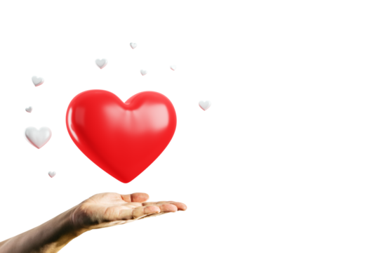 Large red heart floating above an open hand with small white hearts around on a white background. Concept of love, care, and Valentine's Day