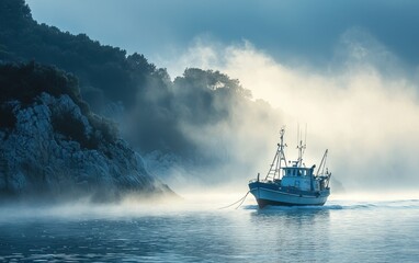 Misty morning over the sea with a fishing boat setting sail