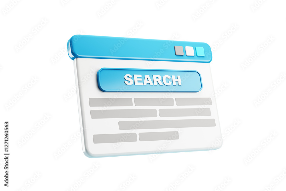 Aufkleber 3D rendering of a search engine browser window with a blue search button, isolated on a white background, concept of online search