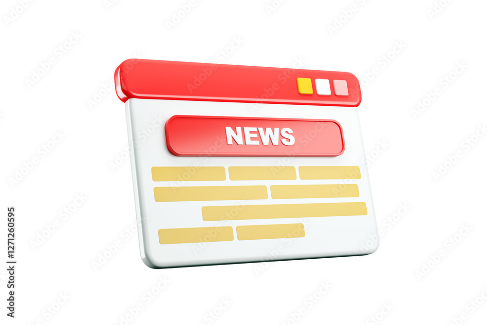 Poster News website icon with red banner and text layout, isolated on white background. 3D Rendering