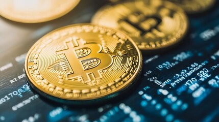 Close Up of Bitcoin Cryptocurrency Coins on Digital Display Background : Generative AI