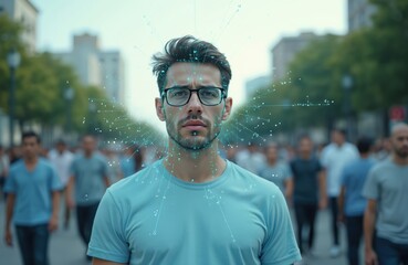 Man face detection portrait on street. Smart id tech for identification. Futuristic digital biometric facial recognition system. Secure portrait of person authentication cyber access protection.