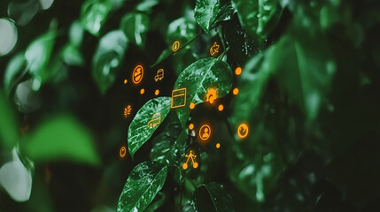 Nature interaction green leaves with digital icons lush environment close-up view concept of eco-friendly technology
