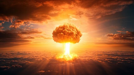 Dramatic Nuclear Explosion with Rising Mushroom Cloud Under Orange Sky