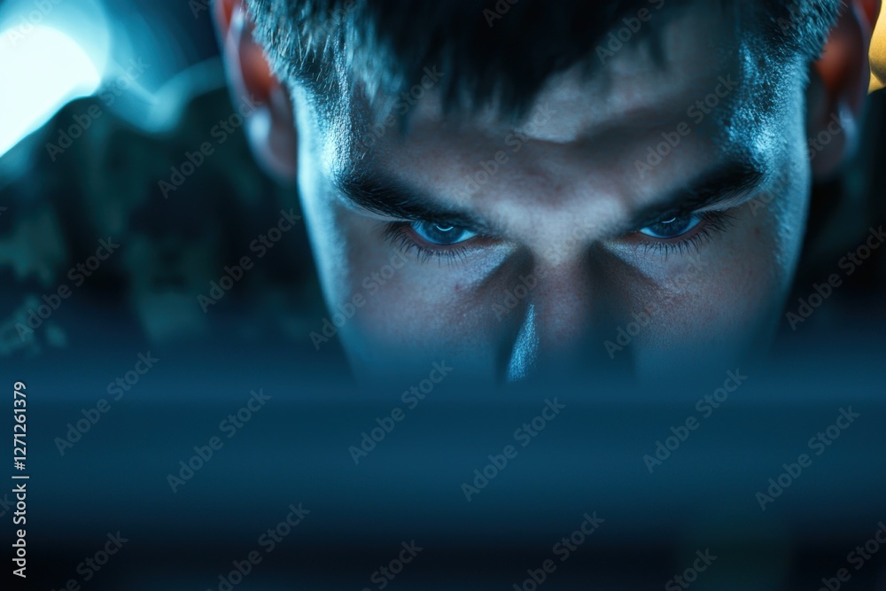 Poster hacker focused on cyber attack execution in dark room setting