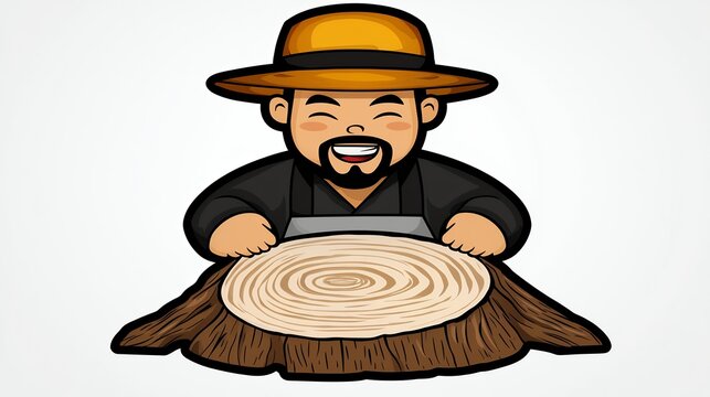 recommend clip art: Smiling Cartoon Man with Straw Hat Crafts a Tree Stump
