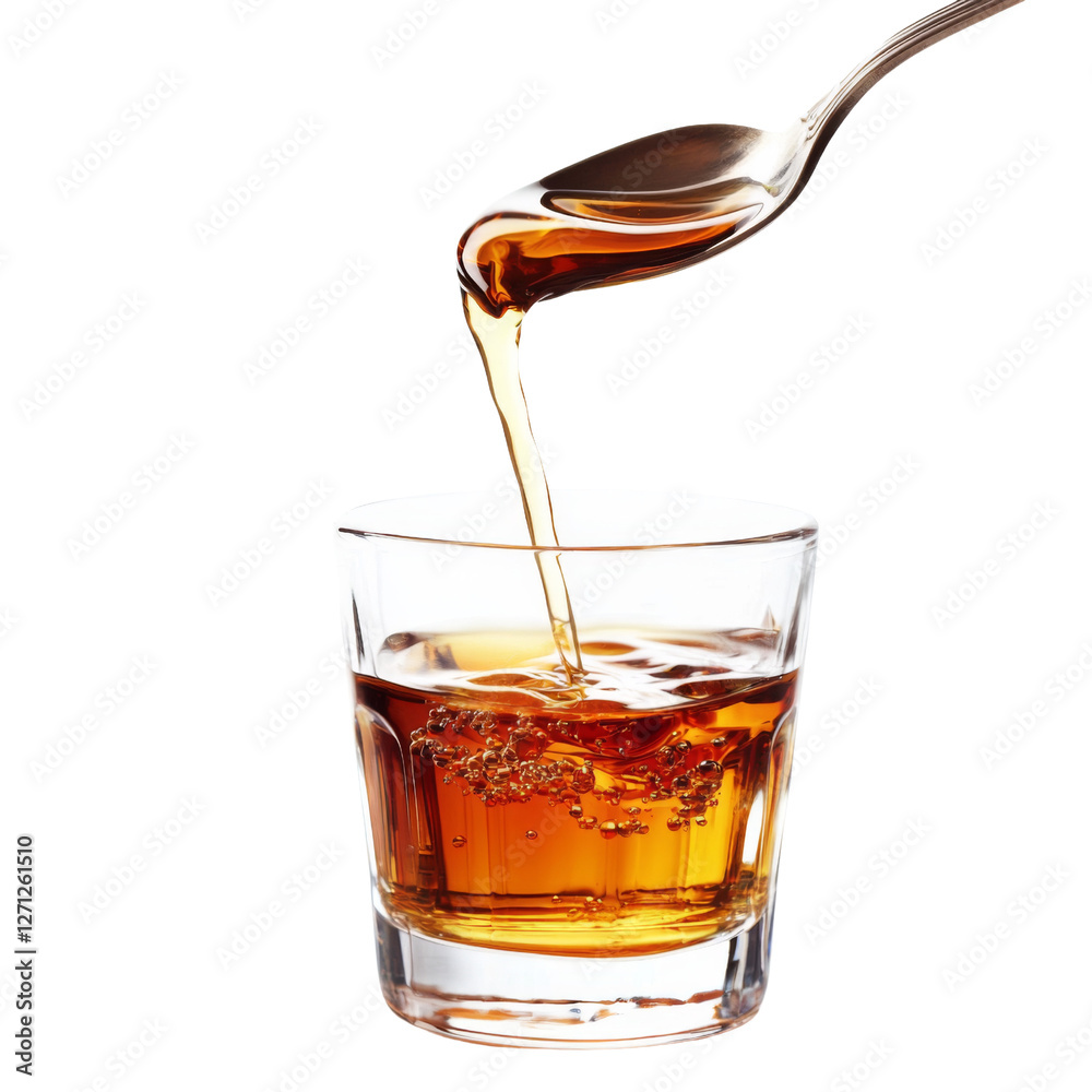 Poster glass of amber liquid is being poured from spoon, creating bubbles and ripples. drink appears refres