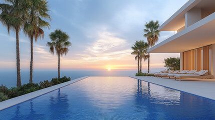 Fototapeta premium A modern infinity pool perched on a cliffside, offering panoramic views of the turquoise ocean,surrounded by a sun deck furnished with comfortable loungers, inviting guests to relax and soak up the su