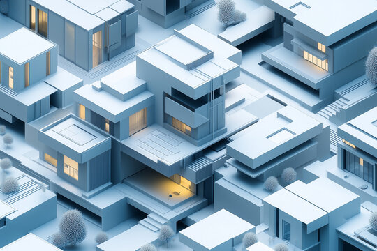 Geometric isometric shapes in neutral grays and blues with clean modern lines. Represents structure, professionalism, and design for property sales or architecture firms