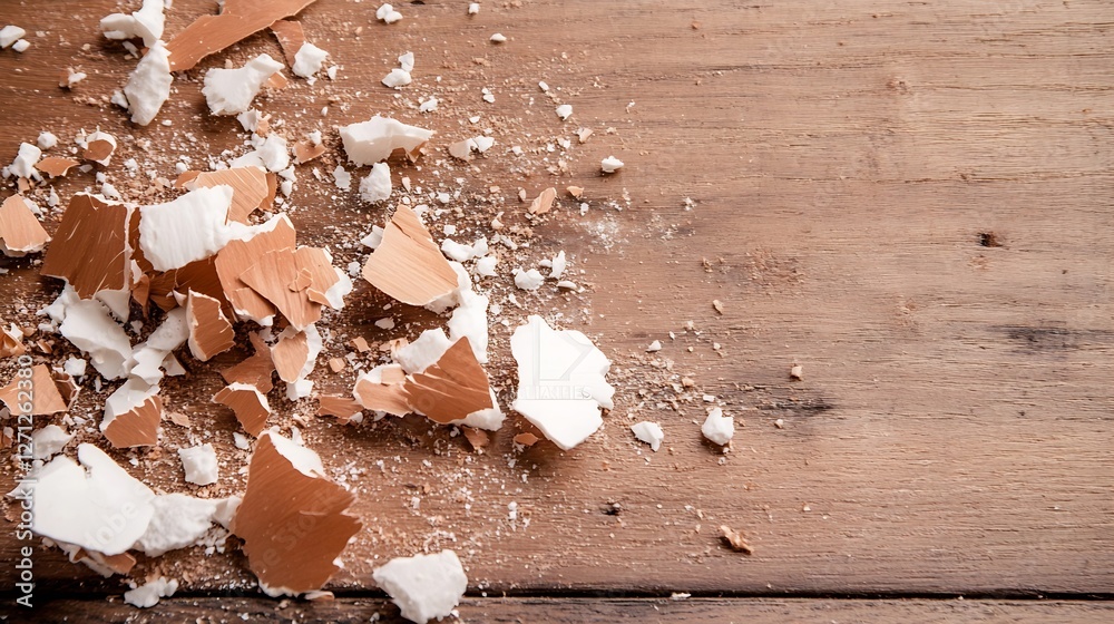 Poster broken pottery pieces scattered on wooden surface emphasizing the theme of destruction and mess : ge
