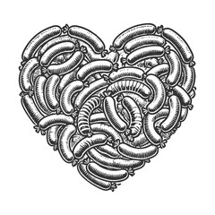 sausages arranged in a heart shape, symbolizing love for food or meat sketch engraving generative ai raster illustration. Scratch board imitation. Black and white image.