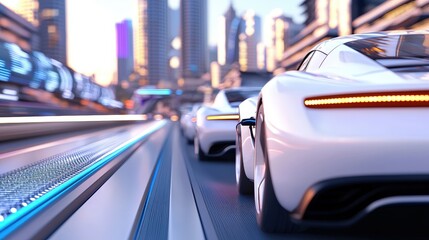 A futuristic scene featuring sleek white cars on a high-tech track in a vibrant cityscape, showcasing advanced transportation and urban design.