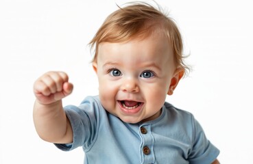 Funny studio shot portrait of happy determined baby boy with blue eyes and blond hair, raising clenched fist up. Toddler shows fist in front of him. Concept of winning, victory, struggle.