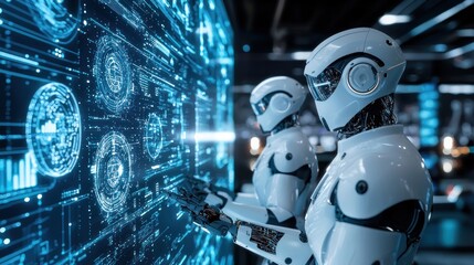 Fototapeta premium Futuristic Robots Analyzing Data on a Holographic Interface