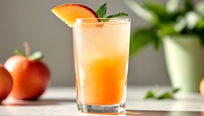 Fototapeta premium A peach cocktail garnished with fresh mint leaves.