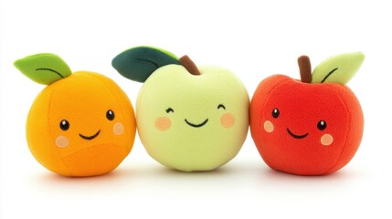 Three plush fruit toys display cheerful faces, including an orange, a green apple, and a red apple