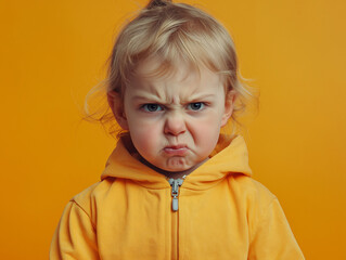 studio portrait of angry young child isolated on yellow background