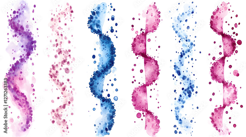 Poster a vibrant watercolor pattern featuring swirling lines in shades of purple, blue, and pink with scatt