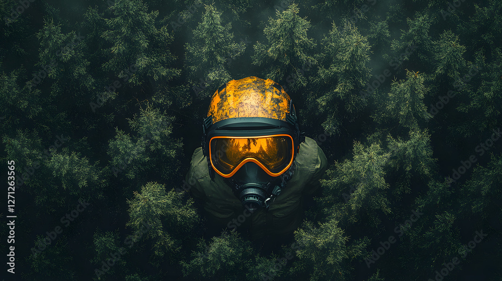 Poster a diver's helmet and goggles float amidst underwater vegetation, creating a serene yet mysterious at