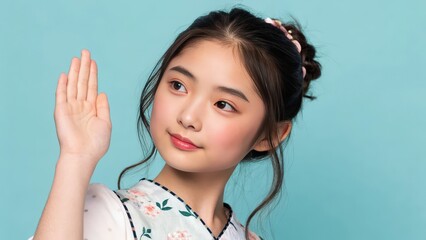a young girl in a floral kimono, gazing off into the distance with her hand raised in a gesture of greeting