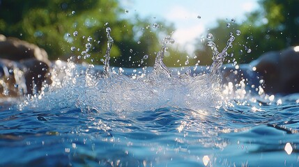 Obraz premium Water splash, river rocks, forest background, nature scene