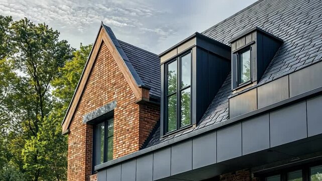 Brick house roof detail, dormer windows, trees