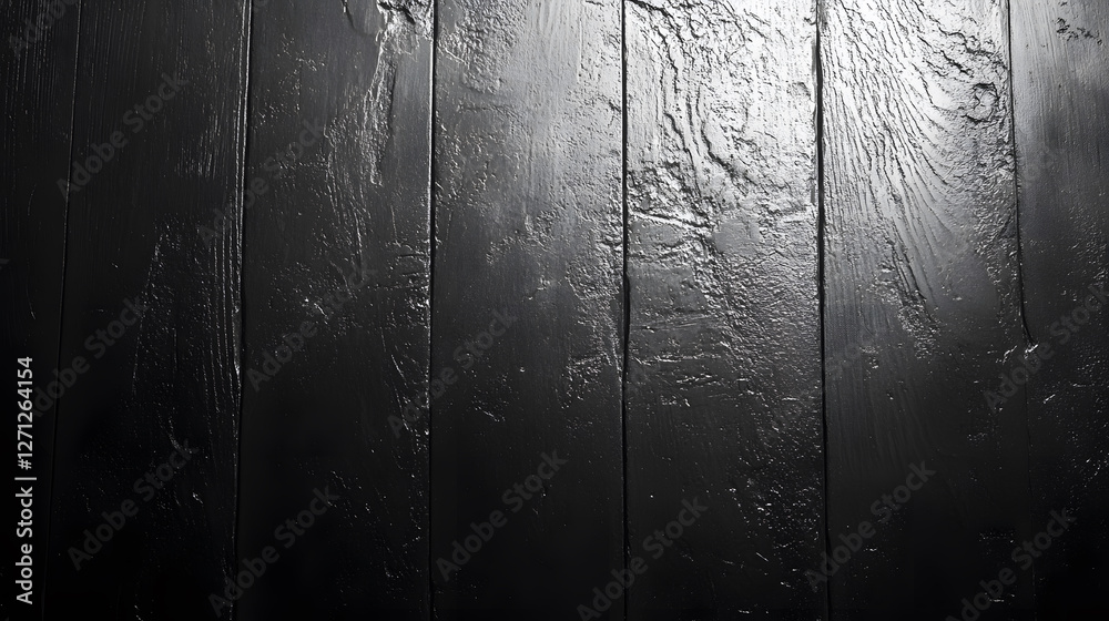 Poster a textured black wooden surface featuring vertical planks and subtle light reflections, creating a d