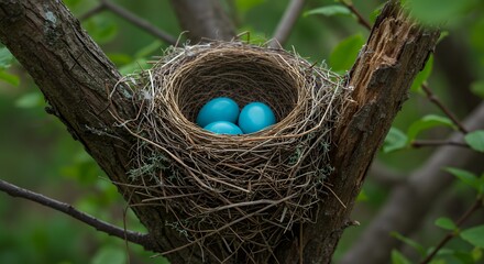 Robin Nest with Bright Blue Eggs in a Tree Branch