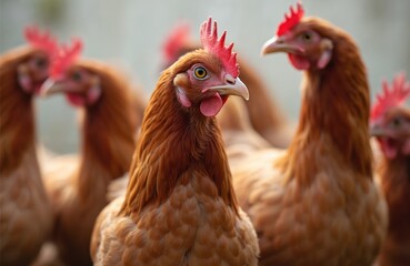 Group of brown feathered chickens stands together outdoor. Poultry domestic farm animals with red crests looks around. Chicken farming and free range chickens concept. Livestock and agriculture.
