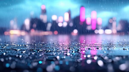 A futuristic cityscape after a rainstorm, with holographic neon reflections shimmering on the wet asphalt, reflecting the city vibrant nightlife.