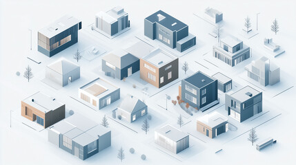 Geometric isometric shapes in neutral grays and blues with clean modern lines. Represents structure, professionalism, and design for property sales or architecture firms