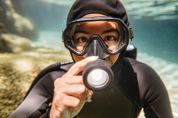 Exploring the depths female filipino deep sea diver in underwater adventure ocean environment portrait photography for marine conservation awareness