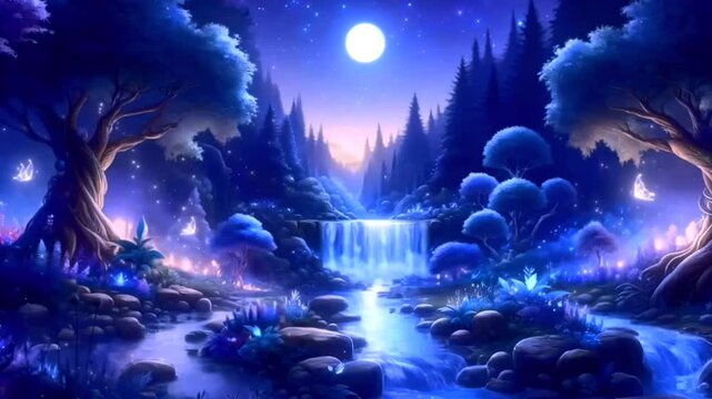 the atmosphere of a waterfall in the mountains when the moon shines