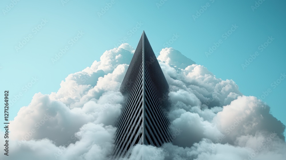 Poster a low angle shot of a skyscraper with a distinctive triangular facade, emphasizing its towering heig