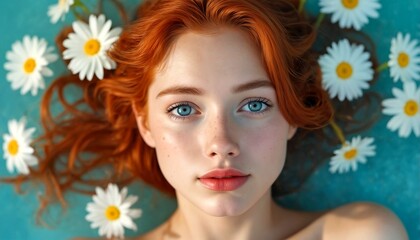 A young woman with striking blue eyes and distinctive red hair is lying on her back surrounded by white daisies.