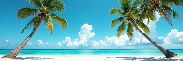 Palm trees swaying gently in the breeze with a blue sky and white clouds on the Florida beach, beach, peaceful, calm