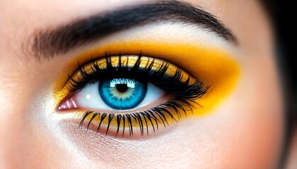 Obraz premium A close-up photograph of a woman's eye with yellow eyeshadow.